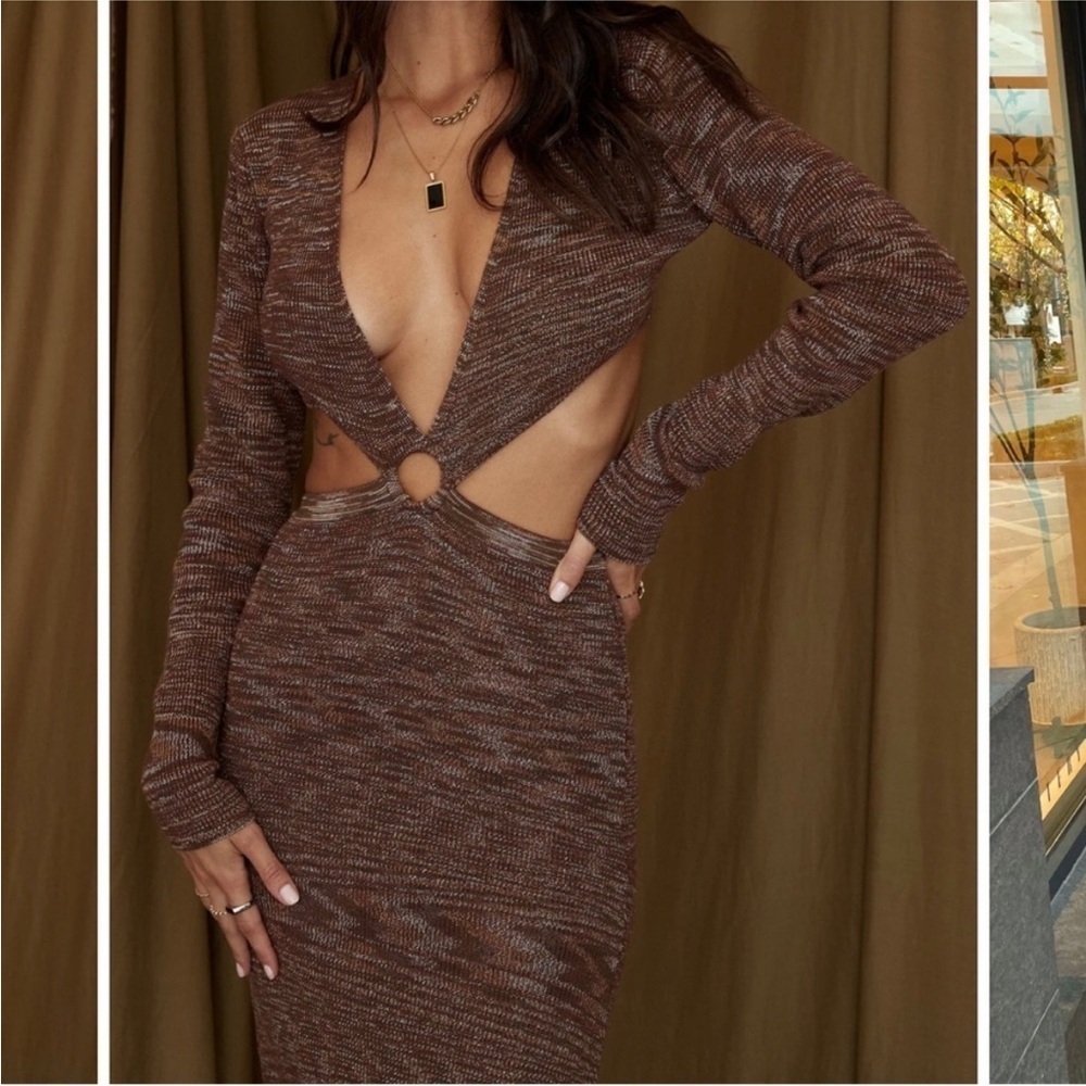 12th Tribe Brown Long Sleeve Knit Cut Out Midi Dress Size L - Picture 8 of 8